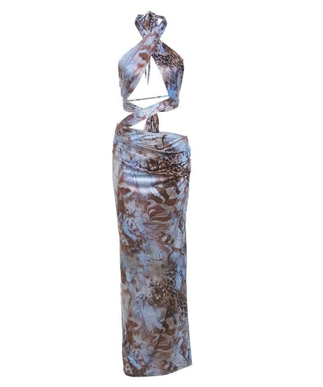 Eye-Catching Abstract Print Halter Cut-Out Maxi Dress - Fall Parties & Resort Escapes