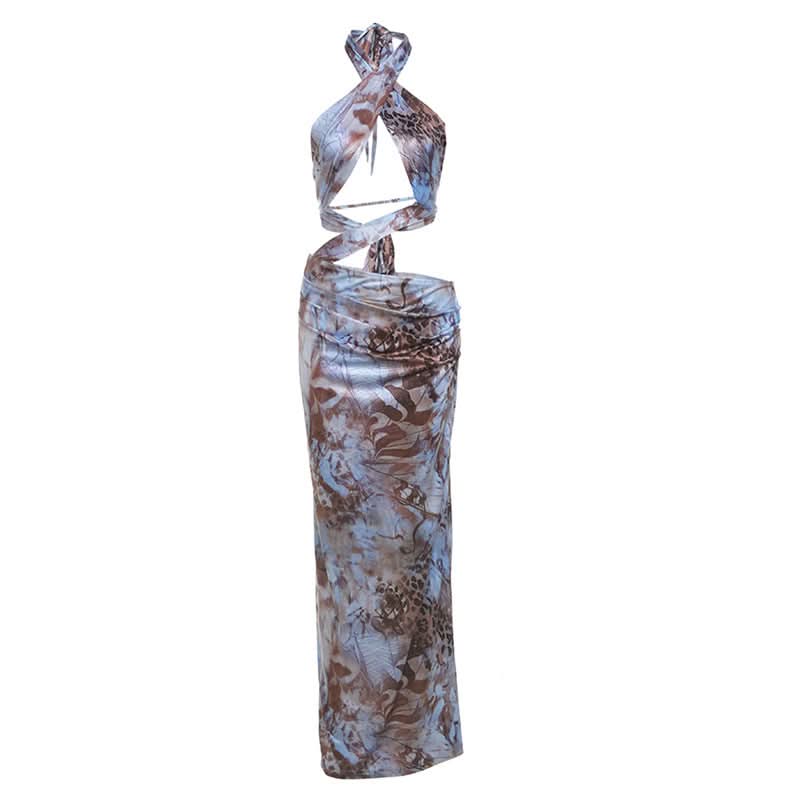 Eye-Catching Abstract Print Halter Cut-Out Maxi Dress - Fall Parties & Resort Escapes