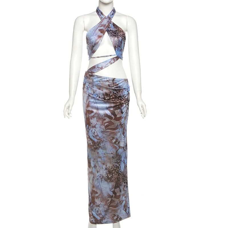Eye-Catching Abstract Print Halter Cut-Out Maxi Dress - Fall Parties & Resort Escapes