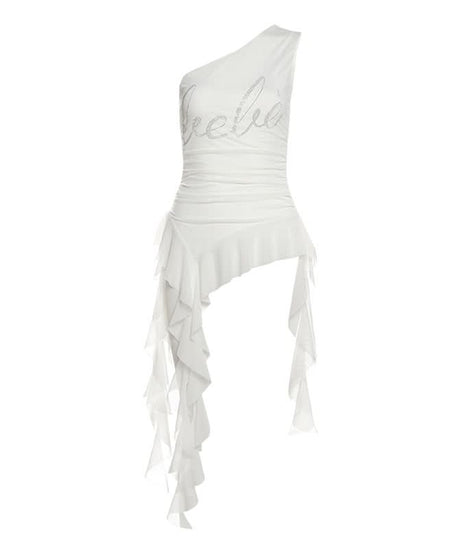 Y2K Glam One-Shoulder Bebe Rhinestone Ruffle Top - Perfect for Fall Nights Out