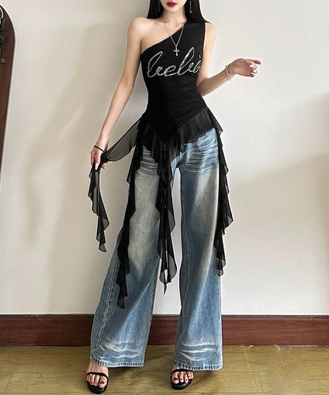 Y2K Glam One-Shoulder Bebe Rhinestone Ruffle Top - Perfect for Fall Nights Out