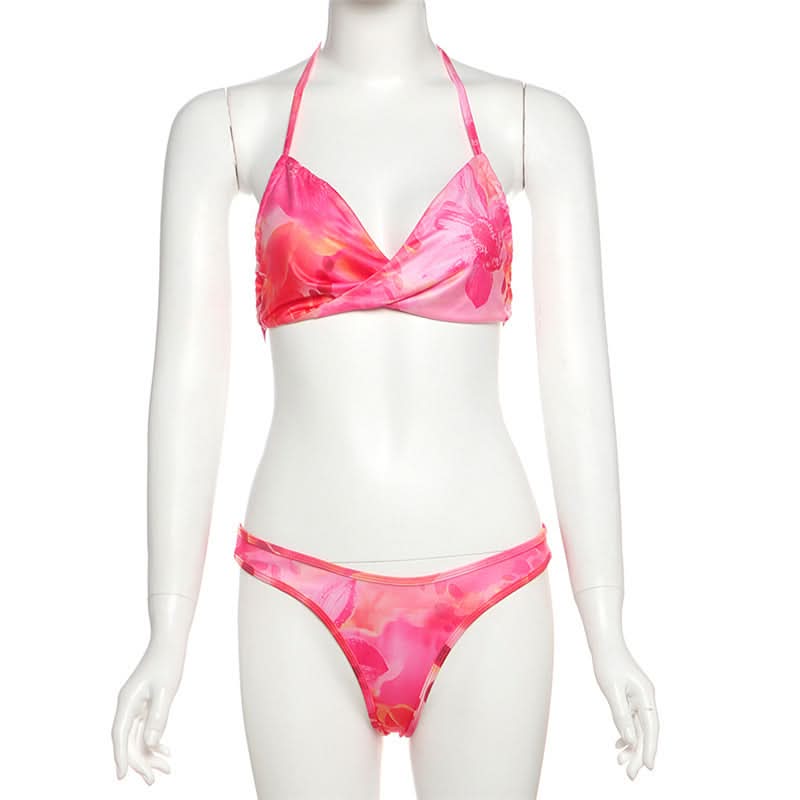 Vibrant Pink Floral Halter Tie Bikini Set | Your Perfect Tropical Getaway Swimsuit
