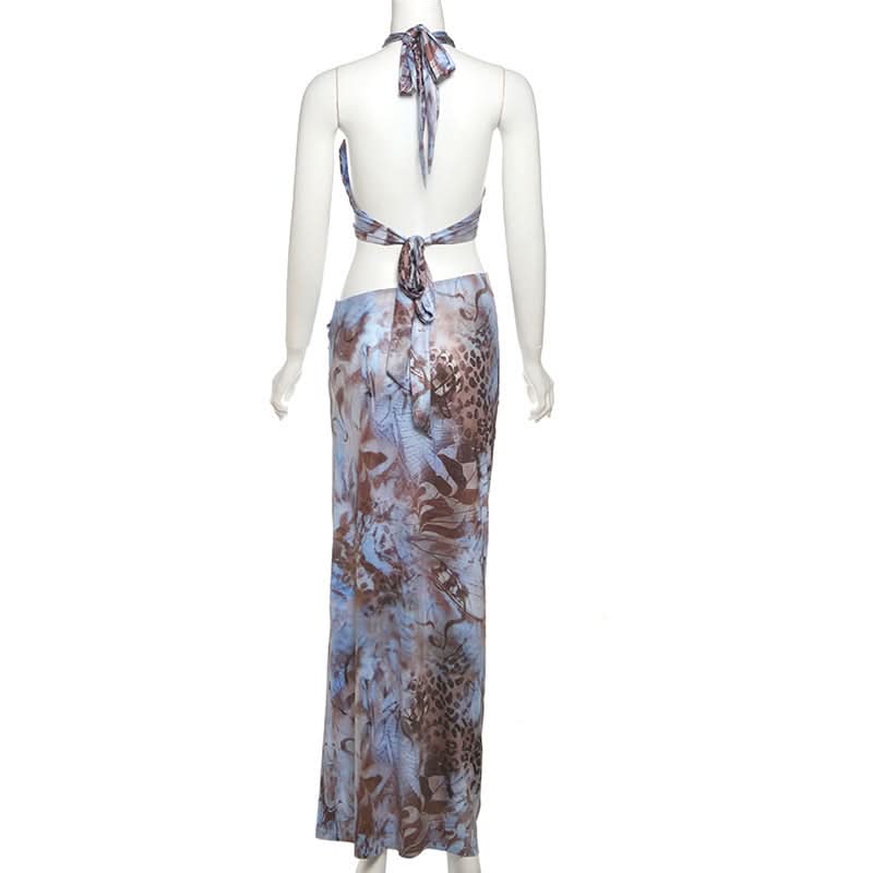 Eye-Catching Abstract Print Halter Cut-Out Maxi Dress - Fall Parties & Resort Escapes