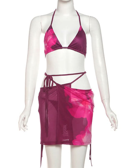 Bold Floral Halter Bikini & Cut-Out Mini Skirt Set - Chic Resort & Fall/Winter Vacation Ready