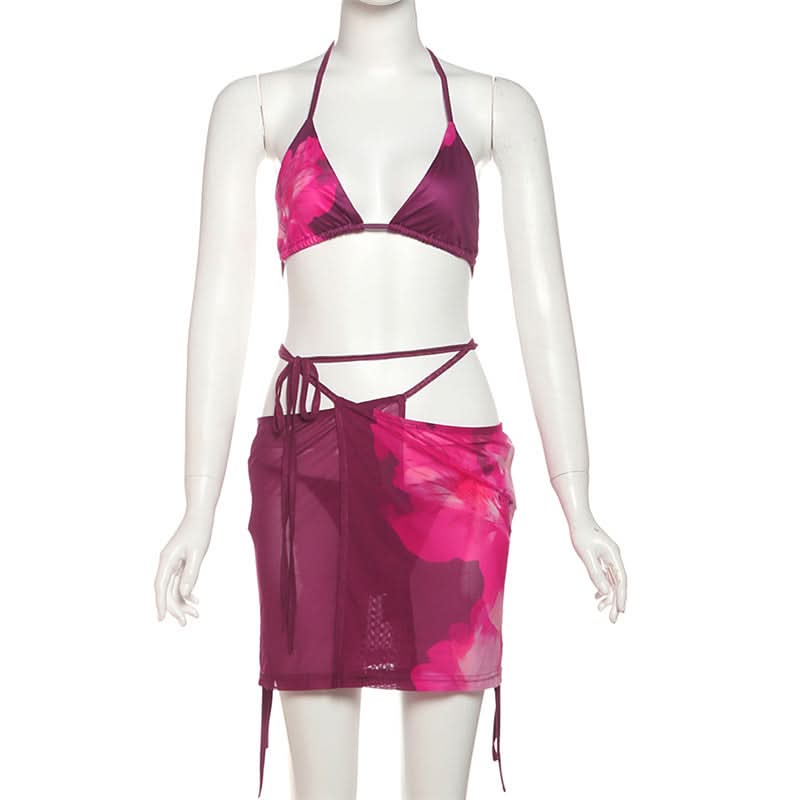 Bold Floral Halter Bikini & Cut-Out Mini Skirt Set - Chic Resort & Fall/Winter Vacation Ready