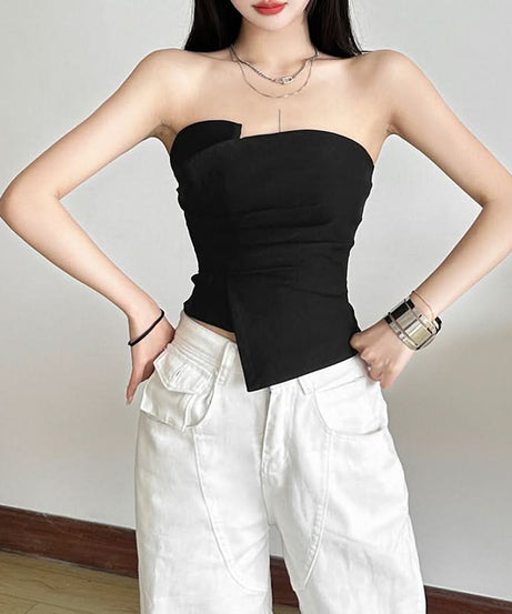 Chic Black Asymmetrical Ruched Strapless Top | Modern Fall Going Out Style