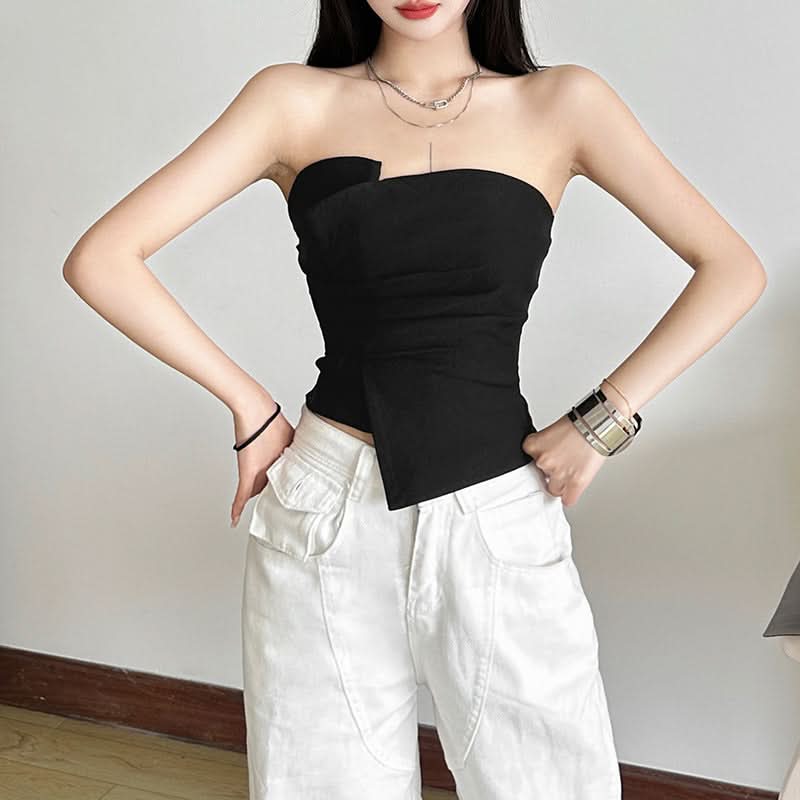 Chic Black Asymmetrical Ruched Strapless Top | Modern Fall Going Out Style