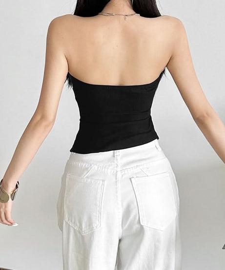 Chic Black Asymmetrical Ruched Strapless Top | Modern Fall Going Out Style