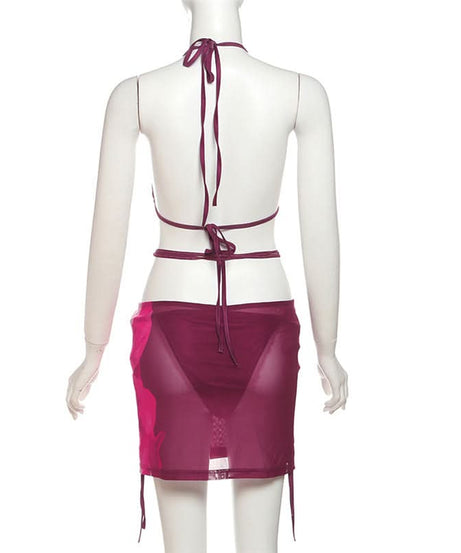 Bold Floral Halter Bikini & Cut-Out Mini Skirt Set - Chic Resort & Fall/Winter Vacation Ready