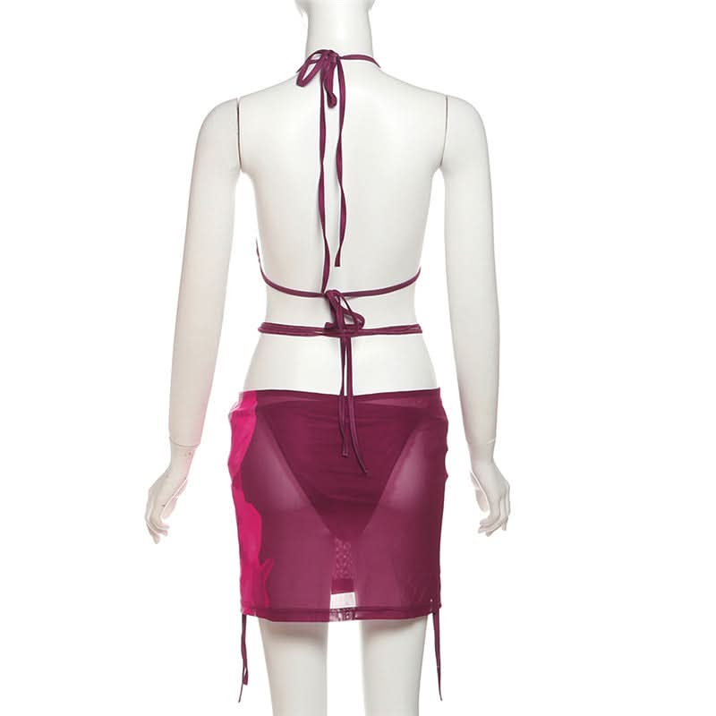 Bold Floral Halter Bikini & Cut-Out Mini Skirt Set - Chic Resort & Fall/Winter Vacation Ready