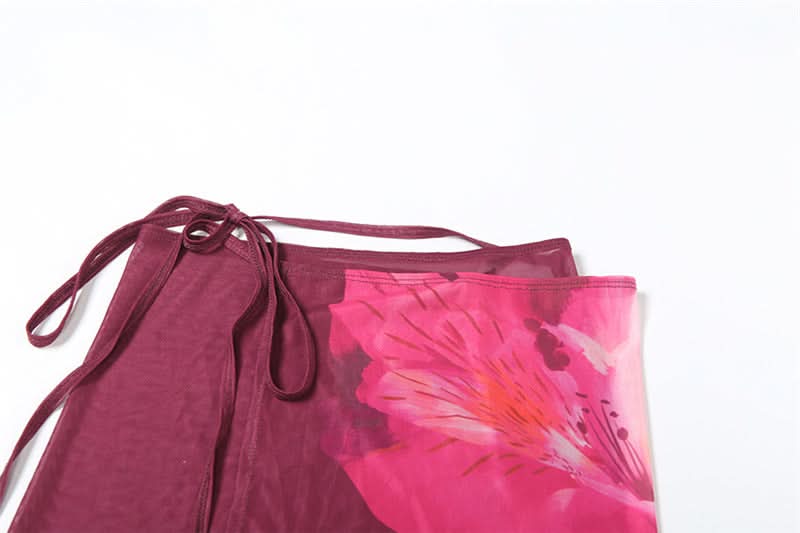 Bold Floral Halter Bikini & Cut-Out Mini Skirt Set - Chic Resort & Fall/Winter Vacation Ready