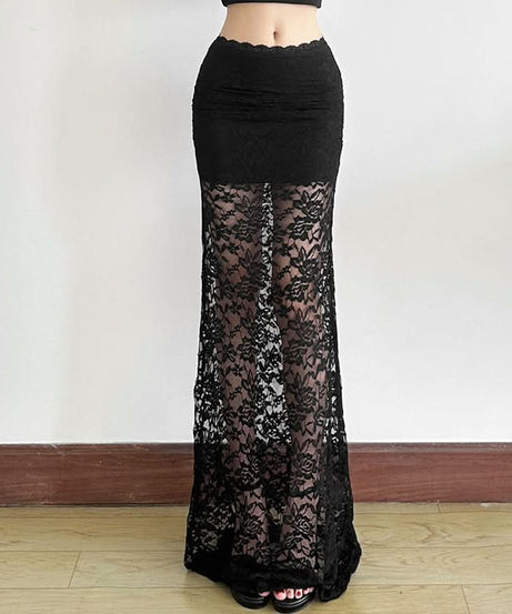 Enchanting Black Lace Maxi Skirt - Sheer Elegance for Fall & Halloween Chic