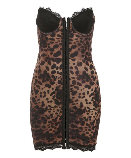 Savage Chic Leopard Print Bustier Mini Dress | Lace Trim & Hook-Eye Front | Your Fall & Holiday Party Statement