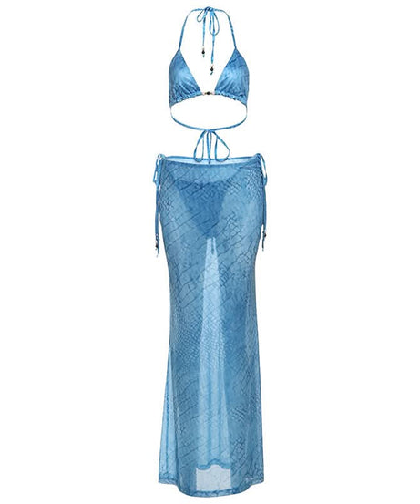 Ocean Serenity Blue Halter Bikini Top & Sheer Maxi Skirt Set - Your Luxe Vacation & Resort Wear Getaway