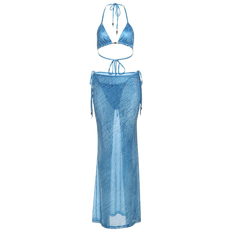 Ocean Serenity Blue Halter Bikini Top & Sheer Maxi Skirt Set - Your Luxe Vacation & Resort Wear Getaway