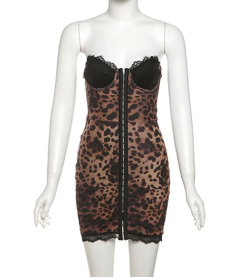 Savage Chic Leopard Print Bustier Mini Dress | Lace Trim & Hook-Eye Front | Your Fall & Holiday Party Statement