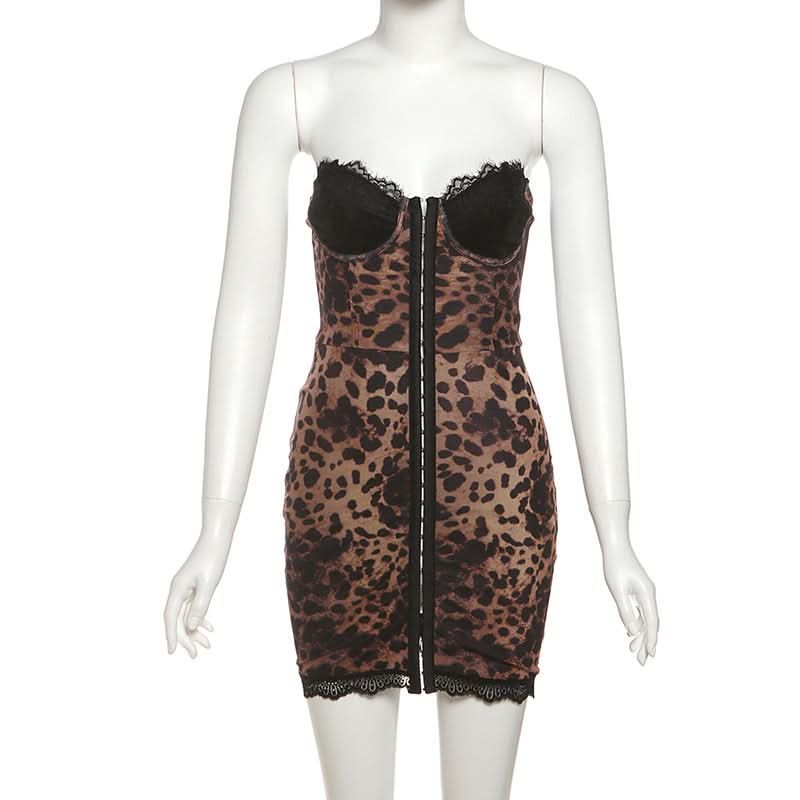 Savage Chic Leopard Print Bustier Mini Dress | Lace Trim & Hook-Eye Front | Your Fall & Holiday Party Statement