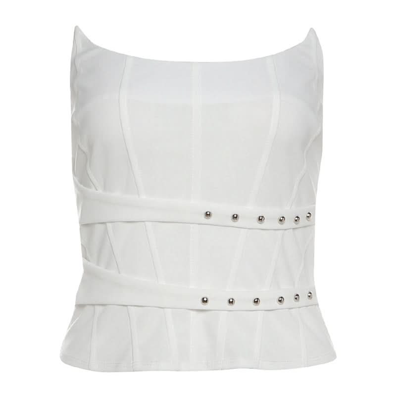 Chic Studded White Corset Bandeau Top - Trendy Fall Party & Night Out Style