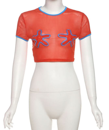 Y2K Starfish Sheer Mesh Crop Top - Playful Halloween, Festival & Party Style
