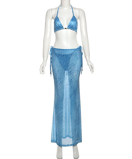 Ocean Serenity Blue Halter Bikini Top & Sheer Maxi Skirt Set - Your Luxe Vacation & Resort Wear Getaway