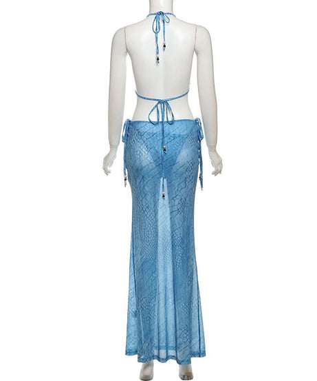 Ocean Serenity Blue Halter Bikini Top & Sheer Maxi Skirt Set - Your Luxe Vacation & Resort Wear Getaway
