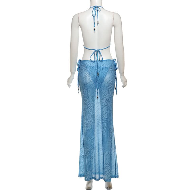 Ocean Serenity Blue Halter Bikini Top & Sheer Maxi Skirt Set - Your Luxe Vacation & Resort Wear Getaway