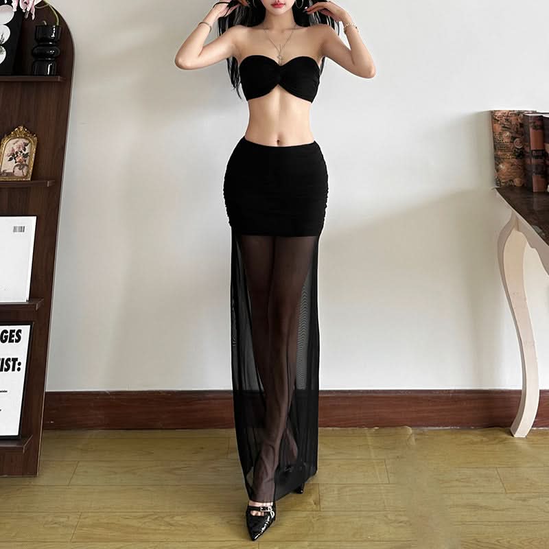 Sultry Black Ruched Mesh 2-Piece Set | Fall & Holiday Party Glam