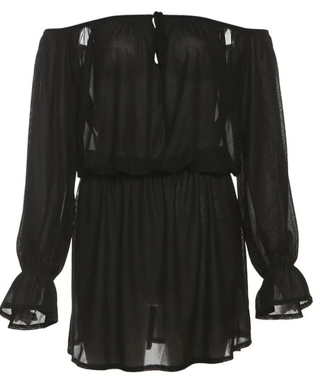 Black Magic Sheer Off-Shoulder Mini Dress - Your Go-To for Fall Parties & Enchanting Nights