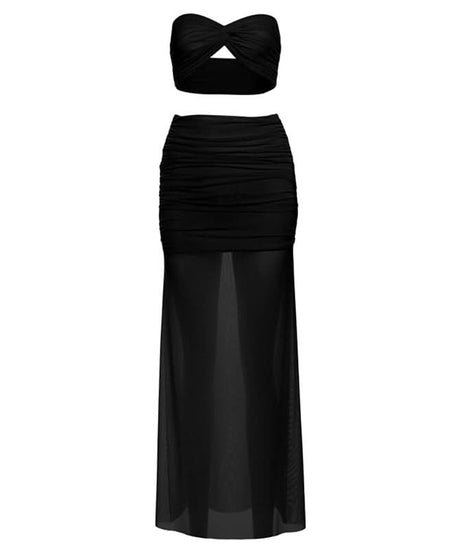 Sultry Black Ruched Mesh 2-Piece Set | Fall & Holiday Party Glam