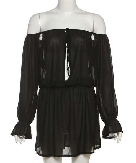 Black Magic Sheer Off-Shoulder Mini Dress - Your Go-To for Fall Parties & Enchanting Nights