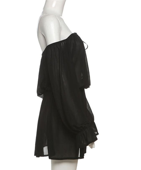 Black Magic Sheer Off-Shoulder Mini Dress - Your Go-To for Fall Parties & Enchanting Nights