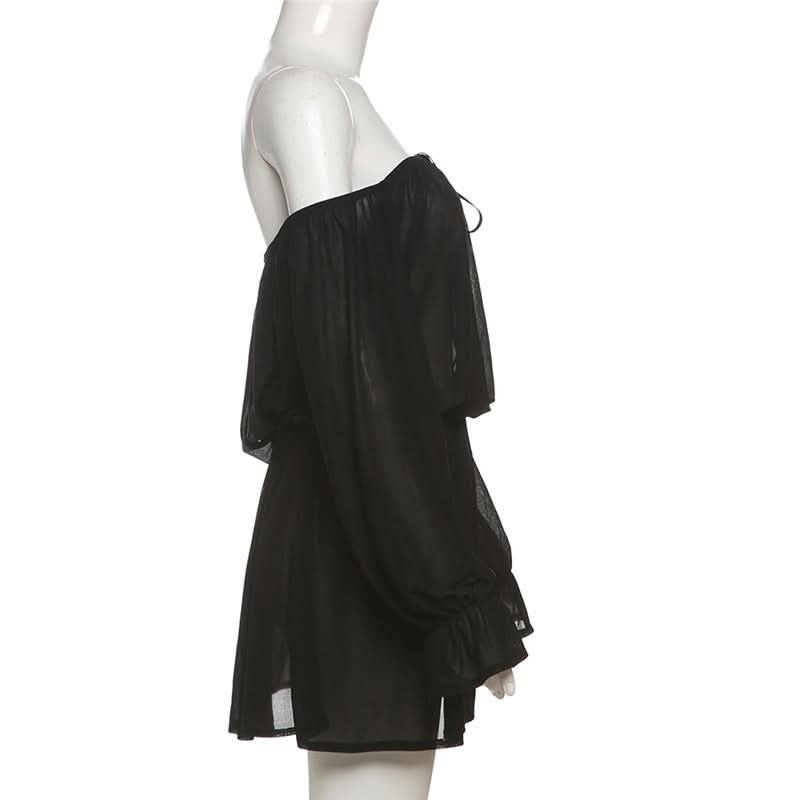 Black Magic Sheer Off-Shoulder Mini Dress - Your Go-To for Fall Parties & Enchanting Nights