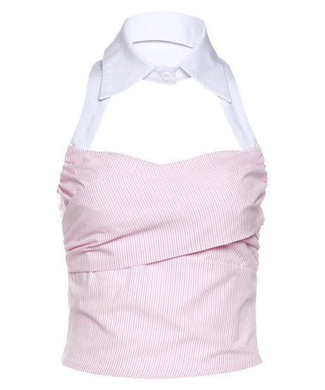 Chic Striped Halter Crop Top with Preppy Collar - Effortless Fall Transition Style