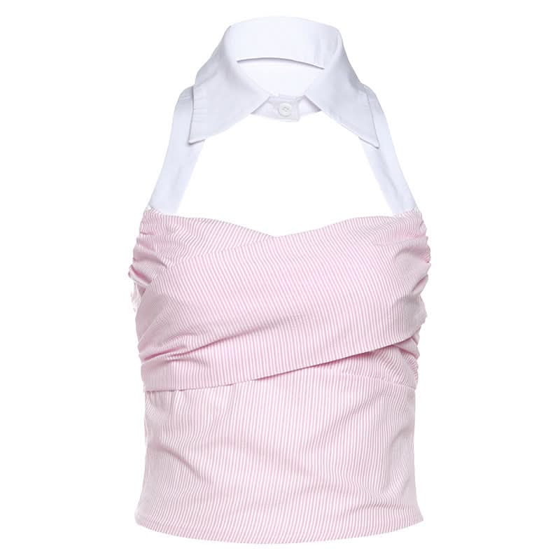 Chic Striped Halter Crop Top with Preppy Collar - Effortless Fall Transition Style