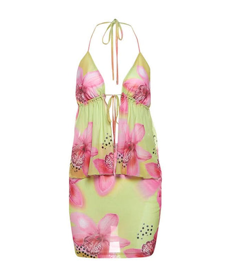 Lime & Pink Tropical Bloom Halter & Mesh Mini Skirt Set | Your Winter Getaway Essential