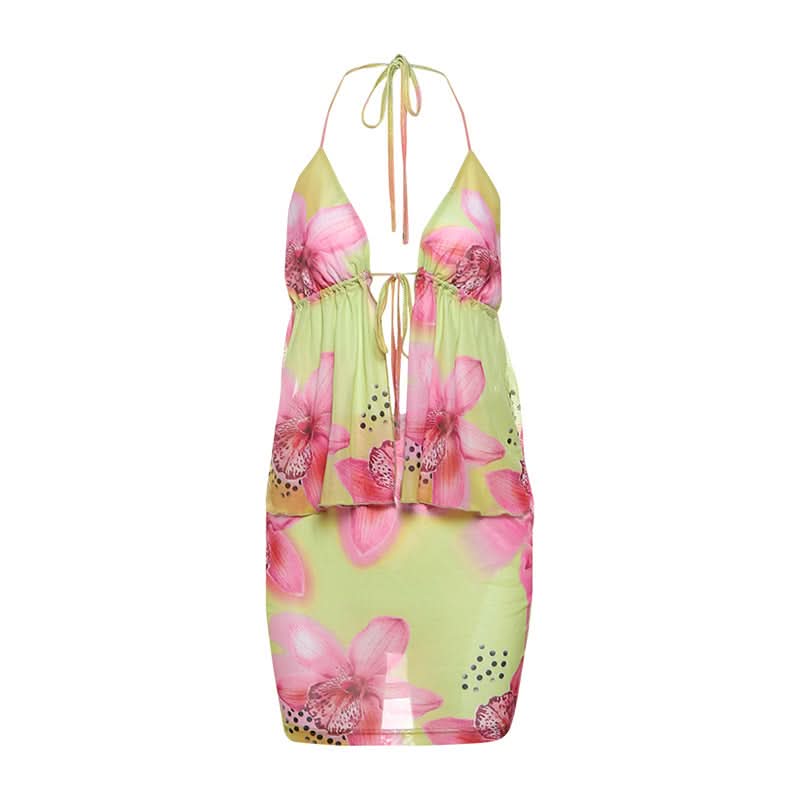 Lime & Pink Tropical Bloom Halter & Mesh Mini Skirt Set | Your Winter Getaway Essential