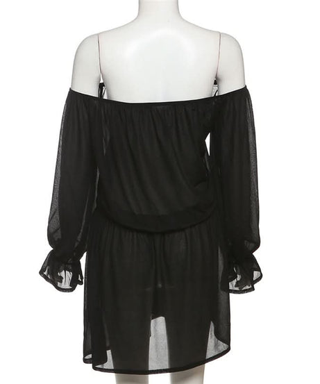Black Magic Sheer Off-Shoulder Mini Dress - Your Go-To for Fall Parties & Enchanting Nights