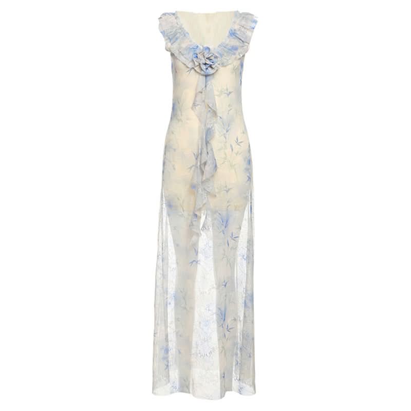 Romantic Sheer Floral Ruffle Maxi Dress - Effortless Resort & Fall Getaway Style