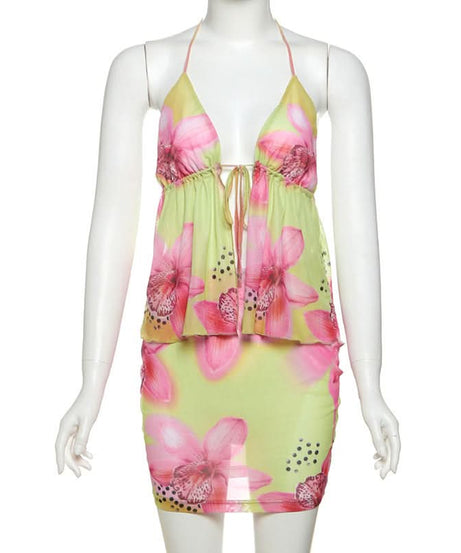 Lime & Pink Tropical Bloom Halter & Mesh Mini Skirt Set | Your Winter Getaway Essential