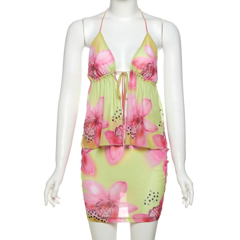 Lime & Pink Tropical Bloom Halter & Mesh Mini Skirt Set | Your Winter Getaway Essential