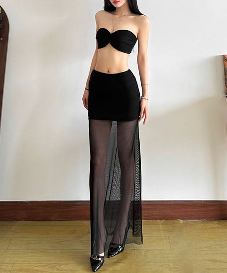 Sultry Black Ruched Mesh 2-Piece Set | Fall & Holiday Party Glam