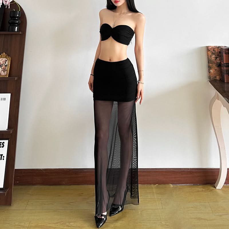 Sultry Black Ruched Mesh 2-Piece Set | Fall & Holiday Party Glam