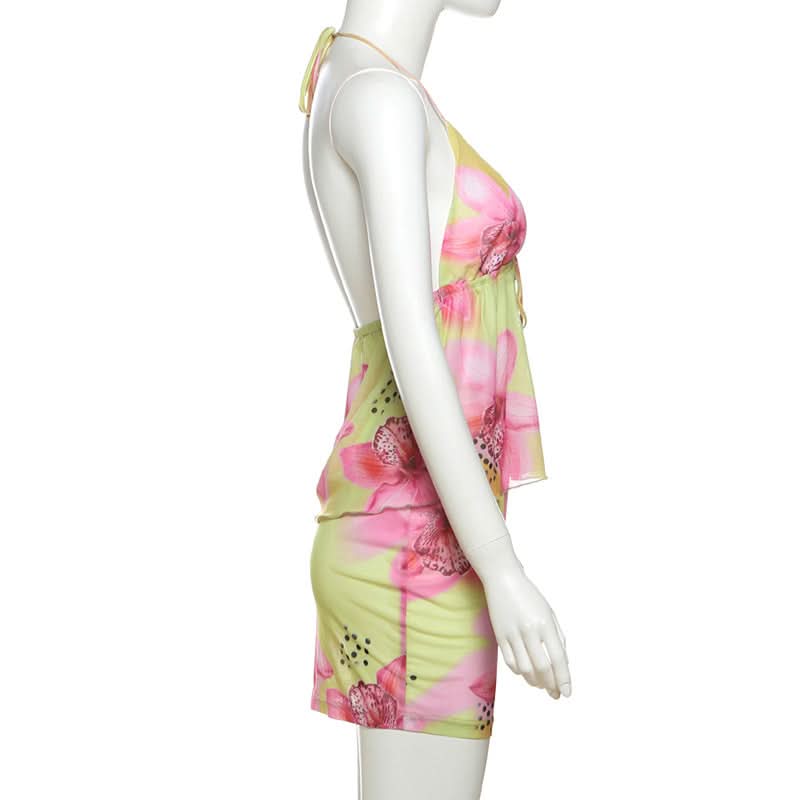 Lime & Pink Tropical Bloom Halter & Mesh Mini Skirt Set | Your Winter Getaway Essential