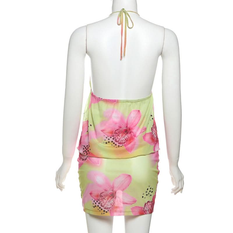 Lime & Pink Tropical Bloom Halter & Mesh Mini Skirt Set | Your Winter Getaway Essential