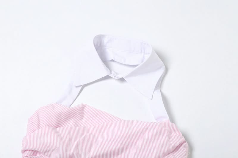 Chic Striped Halter Crop Top with Preppy Collar - Effortless Fall Transition Style