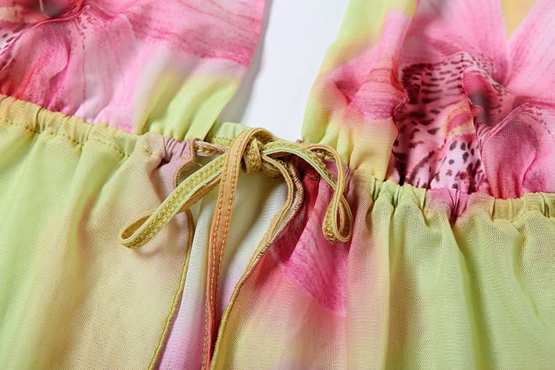 Lime & Pink Tropical Bloom Halter & Mesh Mini Skirt Set | Your Winter Getaway Essential