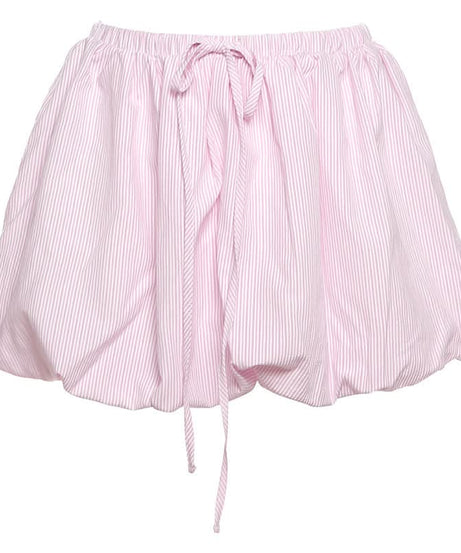 Effortless Pink Stripe Bubble Mini Skirt | Drawstring Comfort for Fall Getaways
