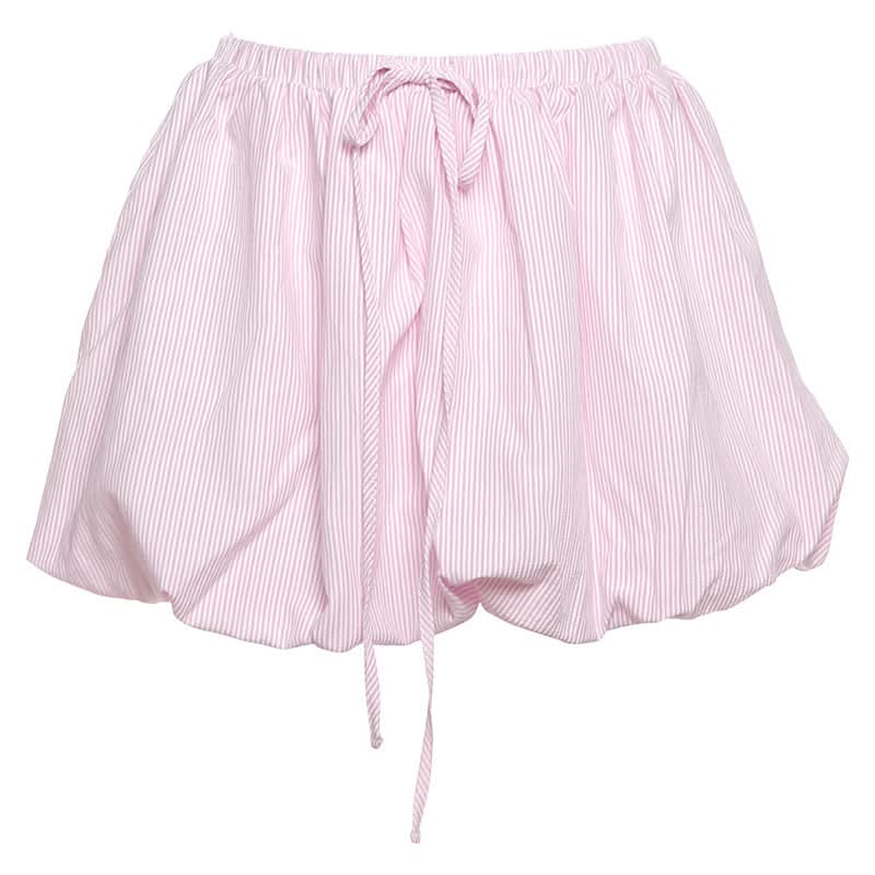 Effortless Pink Stripe Bubble Mini Skirt | Drawstring Comfort for Fall Getaways