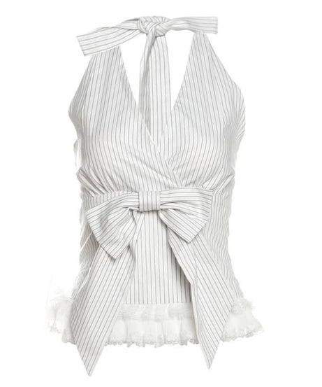 American Chic: Striped Halter Bow Top with Lace Trim – Effortless Fall Transition Style