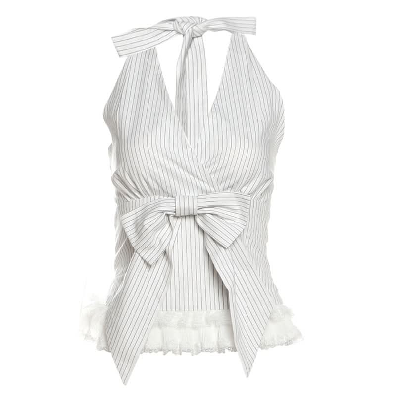 American Chic: Striped Halter Bow Top with Lace Trim – Effortless Fall Transition Style